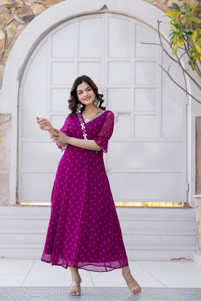 Magenta Georgette Mirror Work Midi Dress