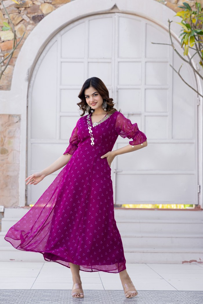 Magenta Georgette Mirror Work Midi Dress