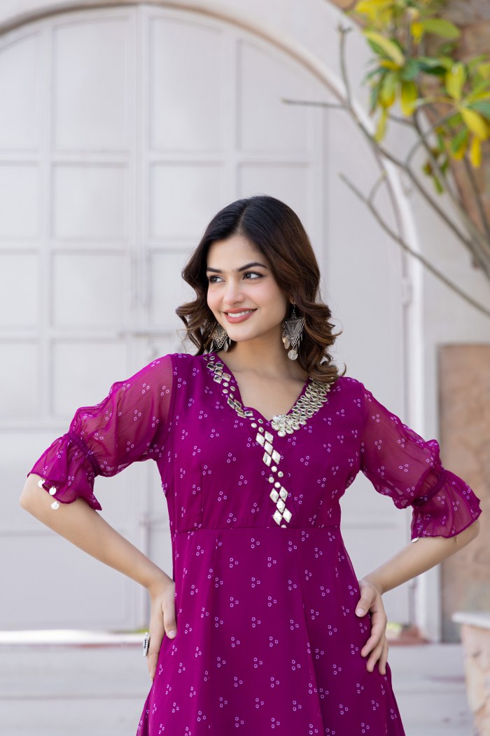 Magenta Georgette Mirror Work Midi Dress