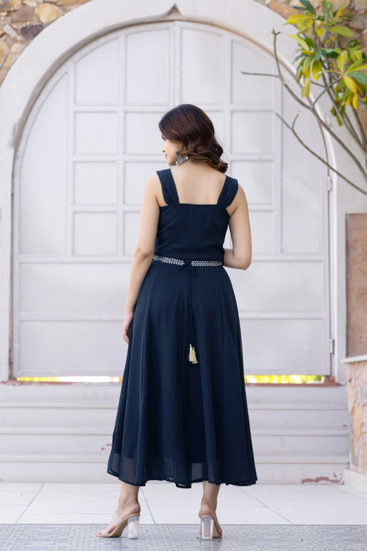 Navy Blue Embroidered Georgette Flared Midi Dress