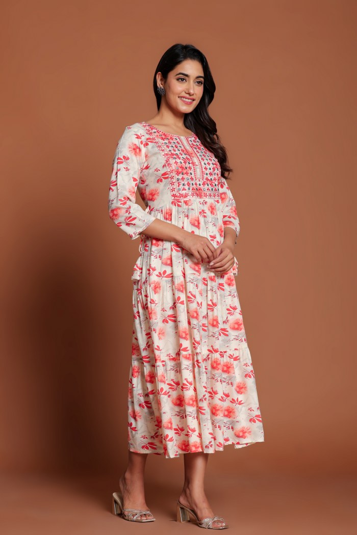 Off-White & Pink Floral Printed Anarkali Midi with Embroidered Yoke