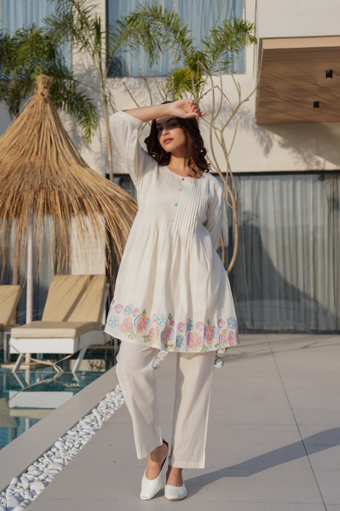 Off-White Embroidered Floral Co-Ord Set