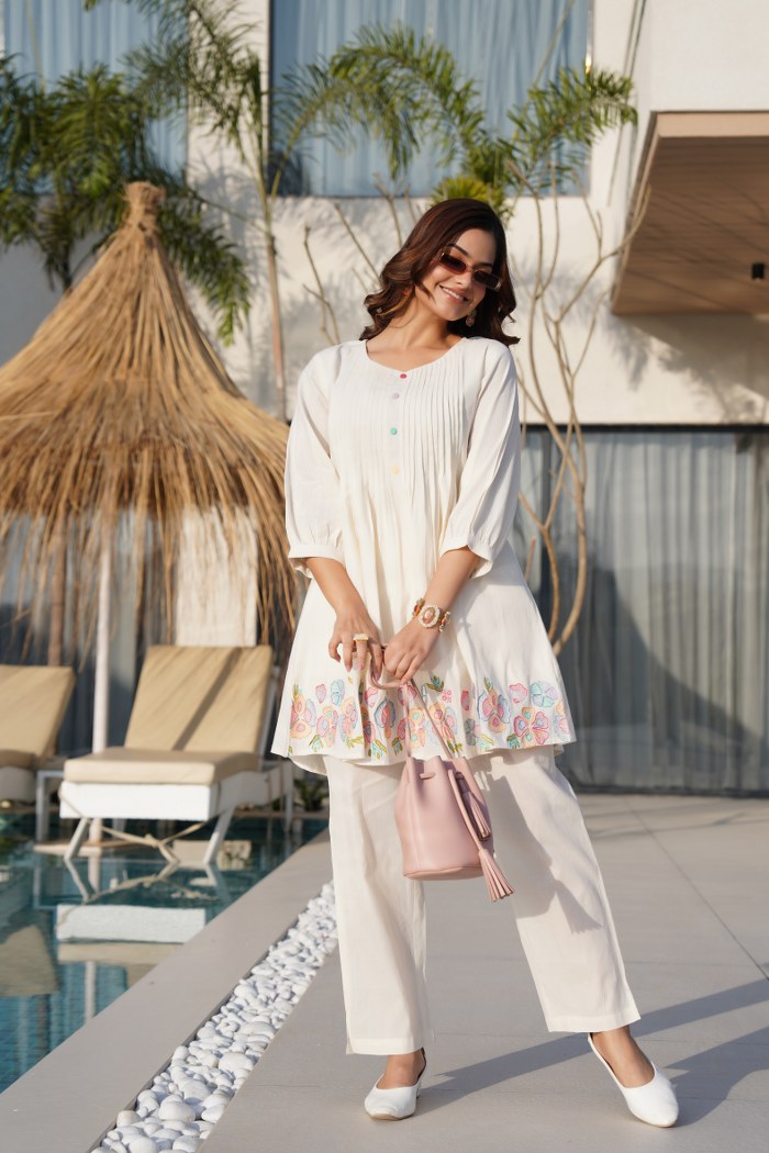 Off-White Embroidered Floral Co-Ord Set
