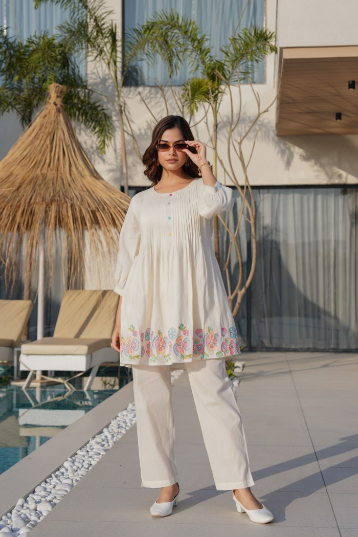 Off-White Embroidered Floral Co-Ord Set