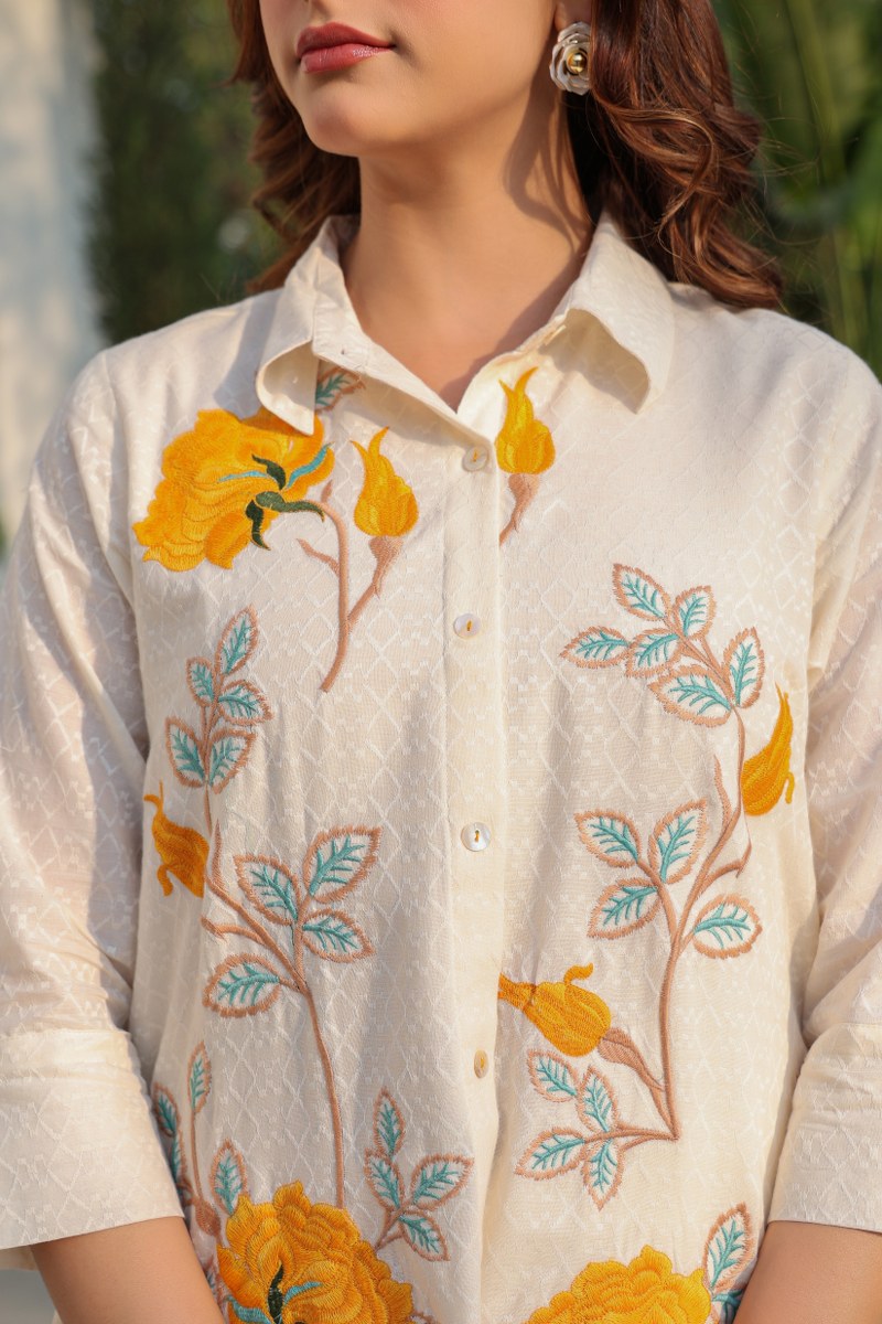 Chic Off-White Cotton Co-Ord with Yellow Floral Detailing