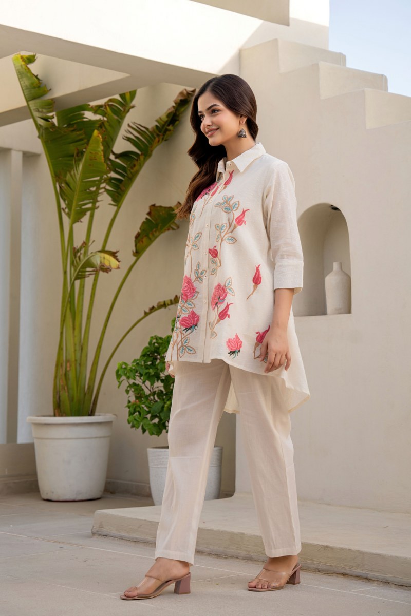 Off-White High-Low Floral Embroidered Co-Ord Set with Pink Accents
