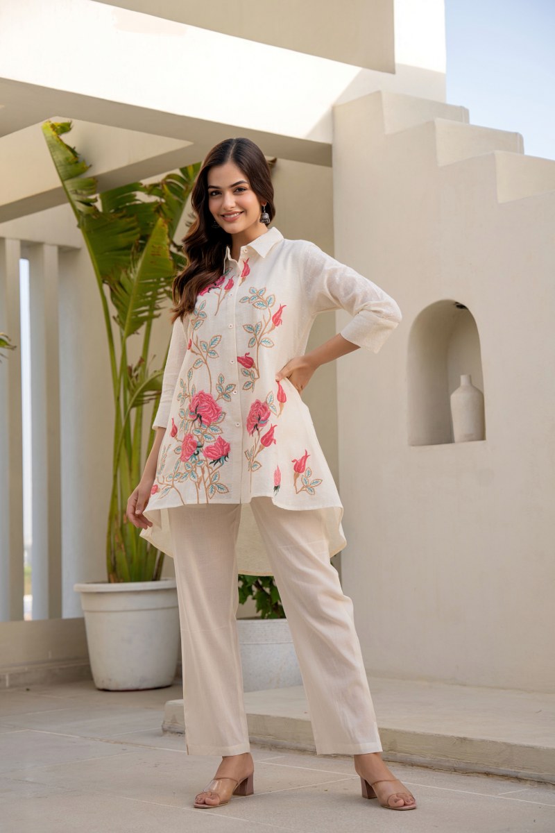 Off-White High-Low Floral Embroidered Co-Ord Set with Pink Accents