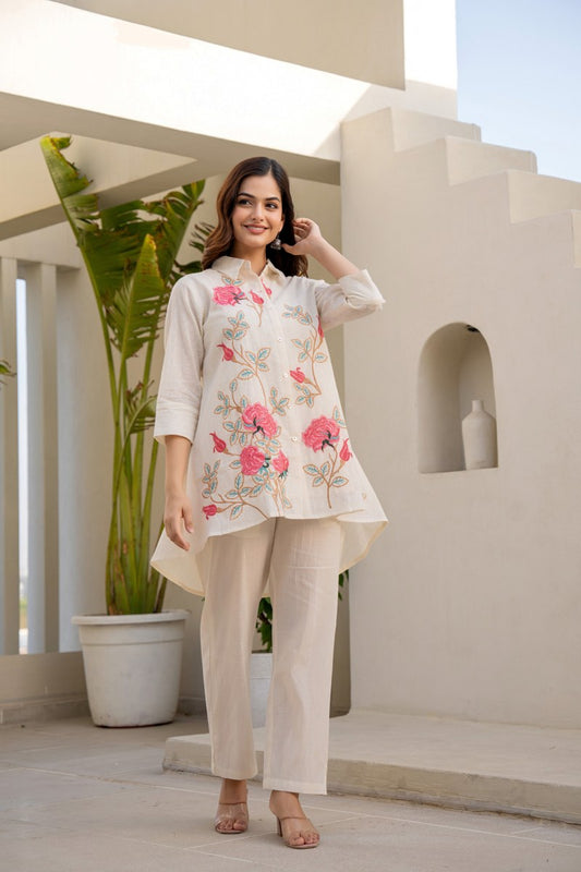 Off-White High-Low Floral Embroidered Co-Ord Set with Pink Accents
