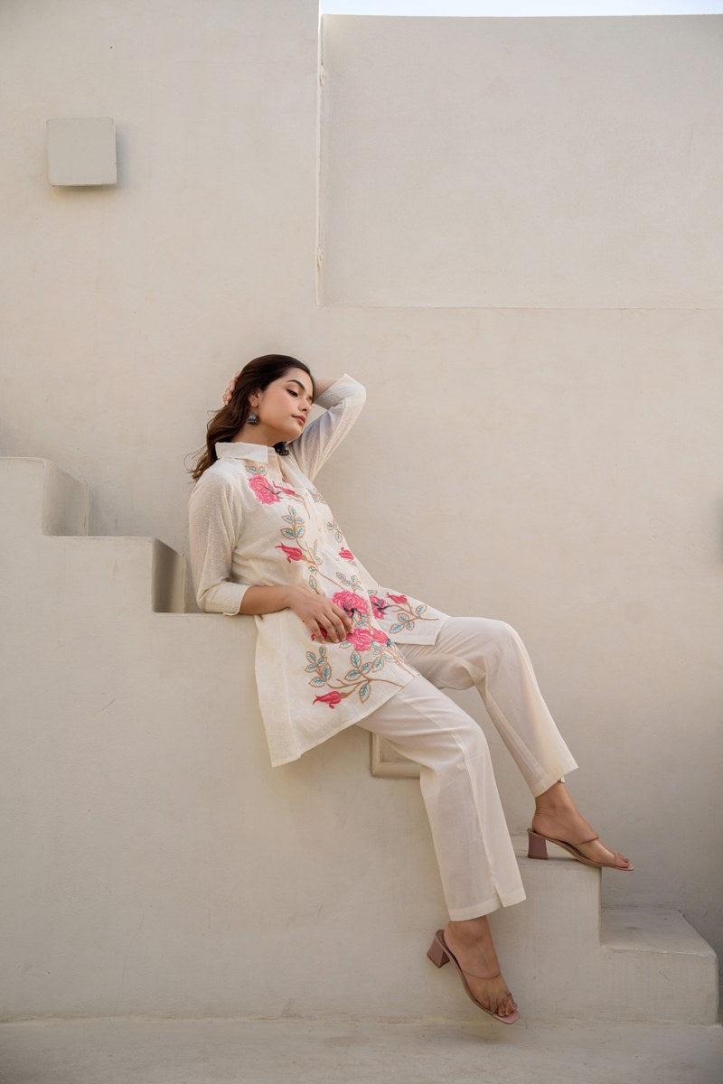Off-White High-Low Floral Embroidered Co-Ord Set with Pink Accents