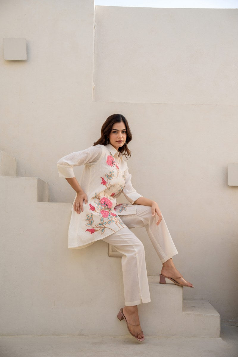 Off-White High-Low Floral Embroidered Co-Ord Set with Pink Accents