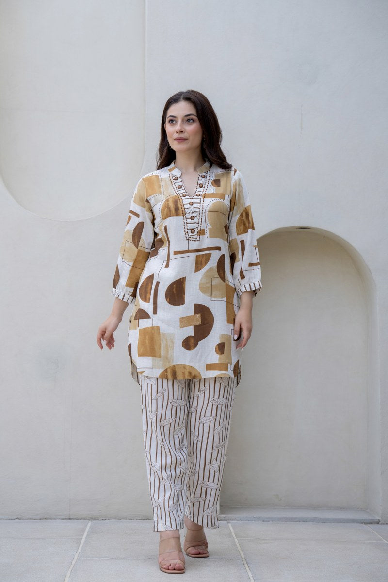 Beige & Brown Abstract Printed Co-Ord Set