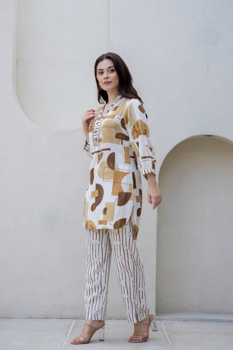 Beige & Brown Abstract Printed Co-Ord Set