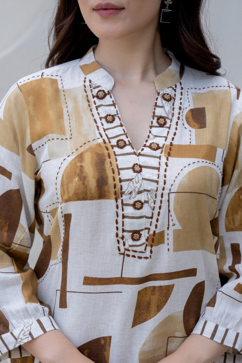 Beige & Brown Abstract Printed Co-Ord Set