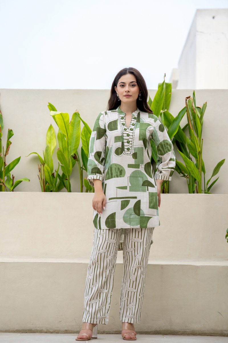 Beige & Green Abstract Printed Co-Ord Set