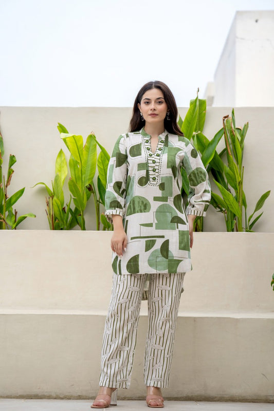Beige & Green Abstract Printed Co-Ord Set