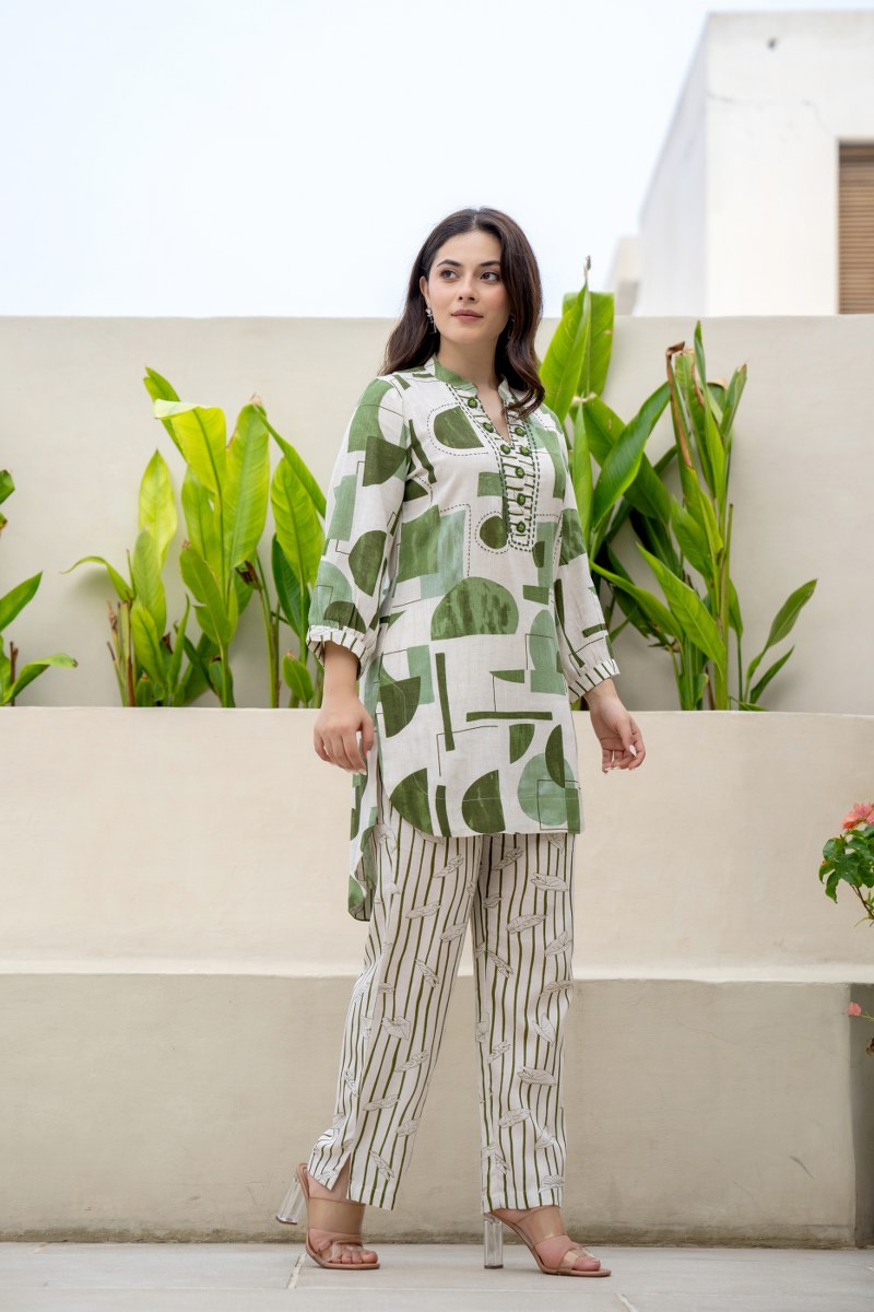 Beige & Green Abstract Printed Co-Ord Set