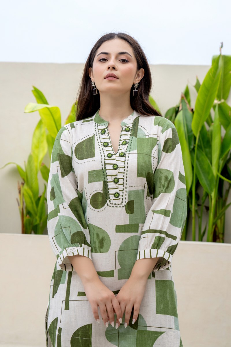 Beige & Green Abstract Printed Co-Ord Set