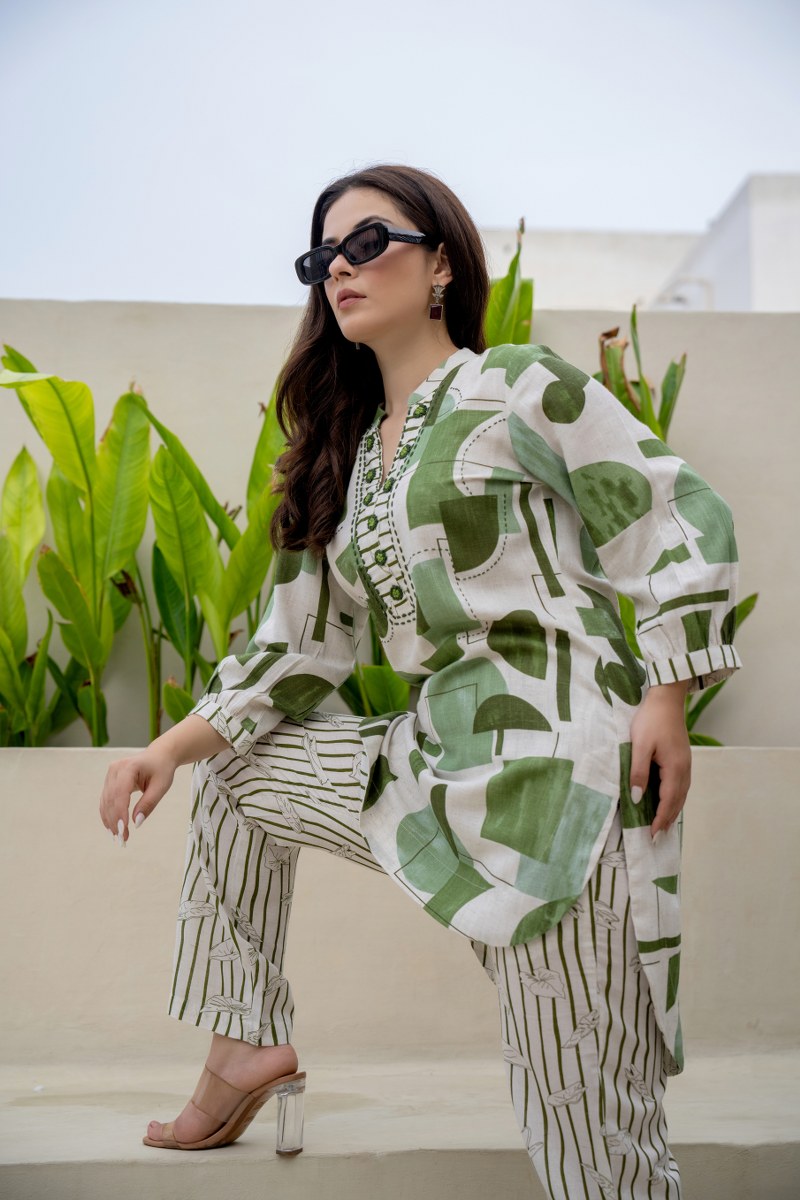 Beige & Green Abstract Printed Co-Ord Set