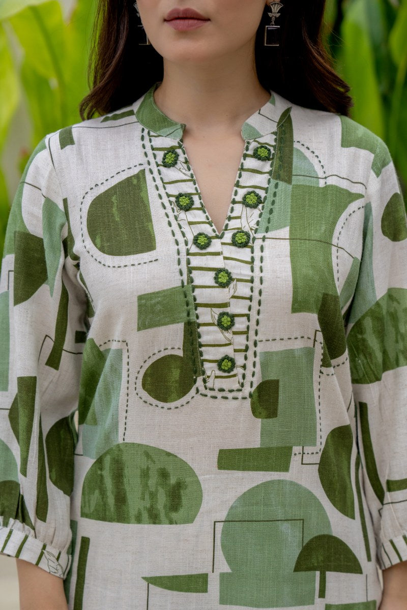 Beige & Green Abstract Printed Co-Ord Set