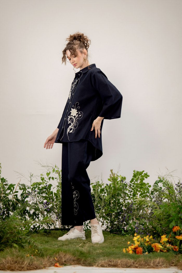 Black Floral Embroidered Co-Ord Set with Straight Pants