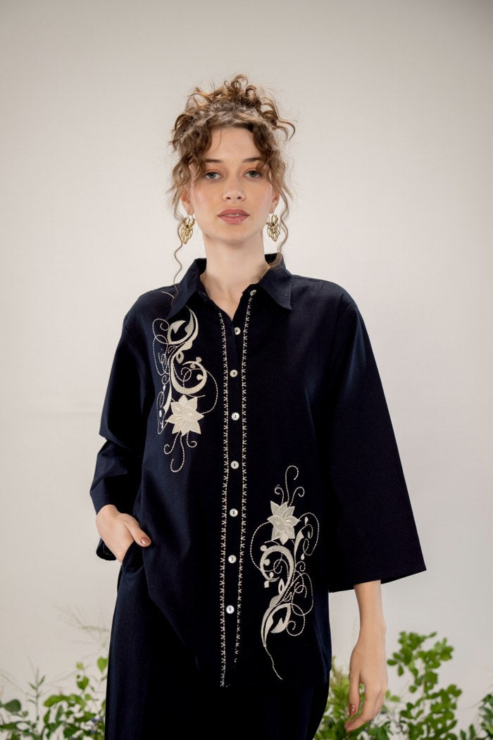 Black Floral Embroidered Co-Ord Set with Straight Pants