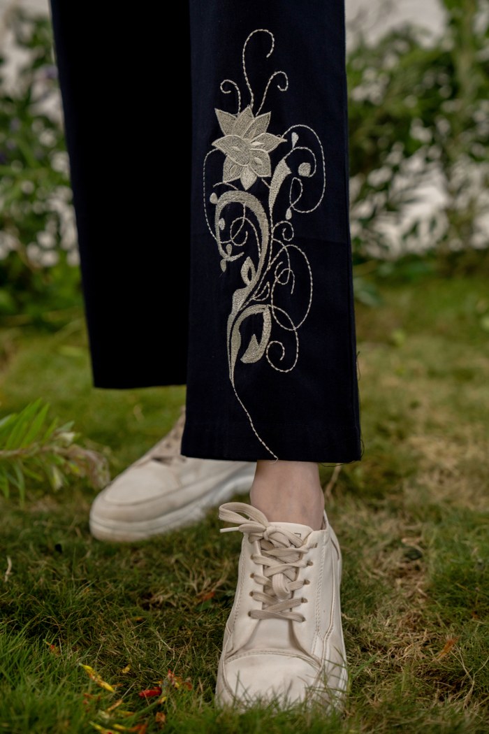 Black Floral Embroidered Co-Ord Set with Straight Pants