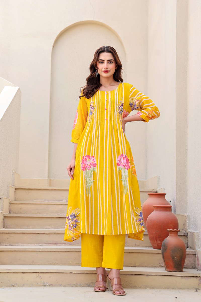 Sunshine Bloom Yellow Floral Printed Cotton Cord Set