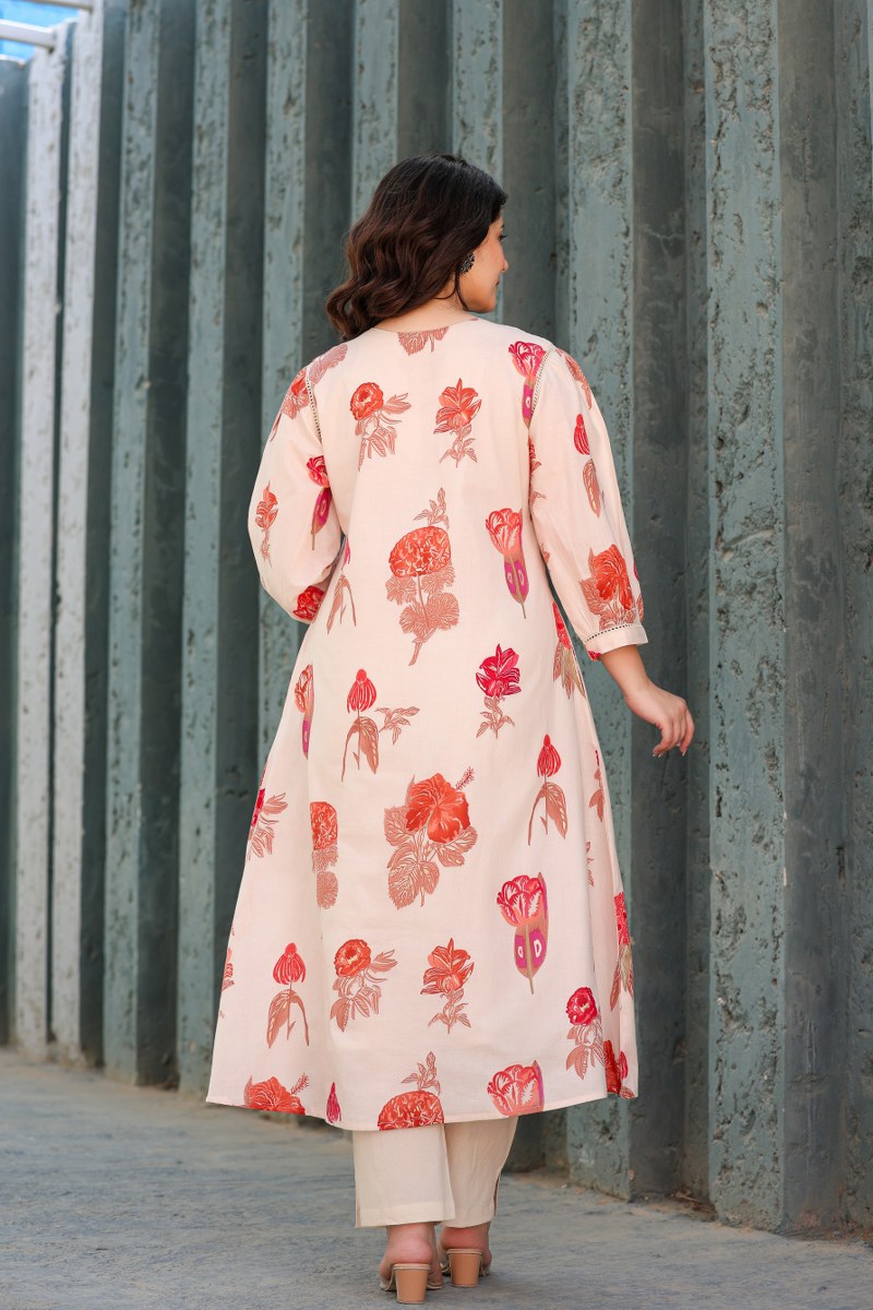 Peach Floral Printed Cotton Kurta Set
