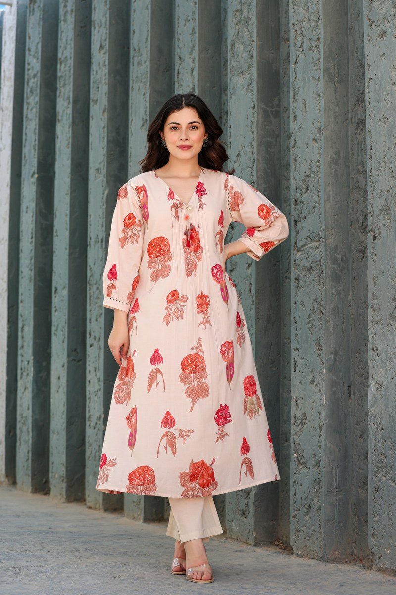 Peach Floral Printed Cotton Kurta Set