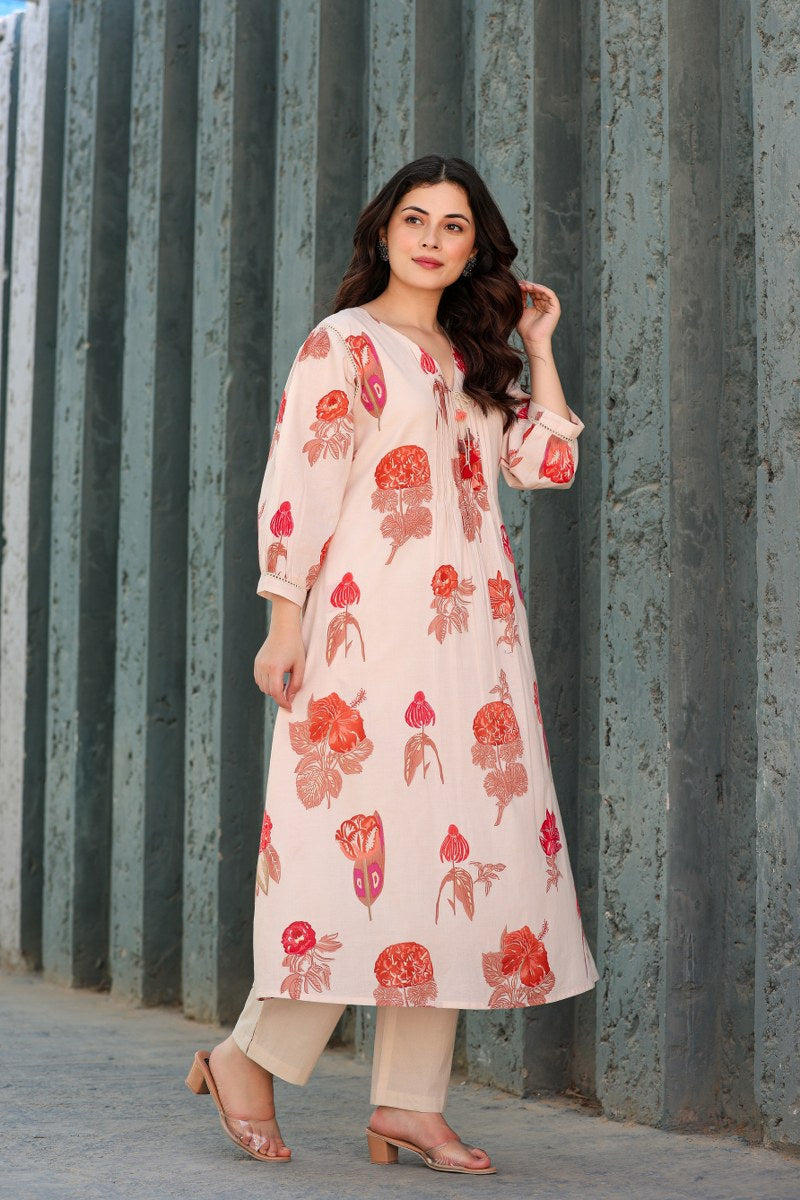 Peach Floral Printed Cotton Kurta Set