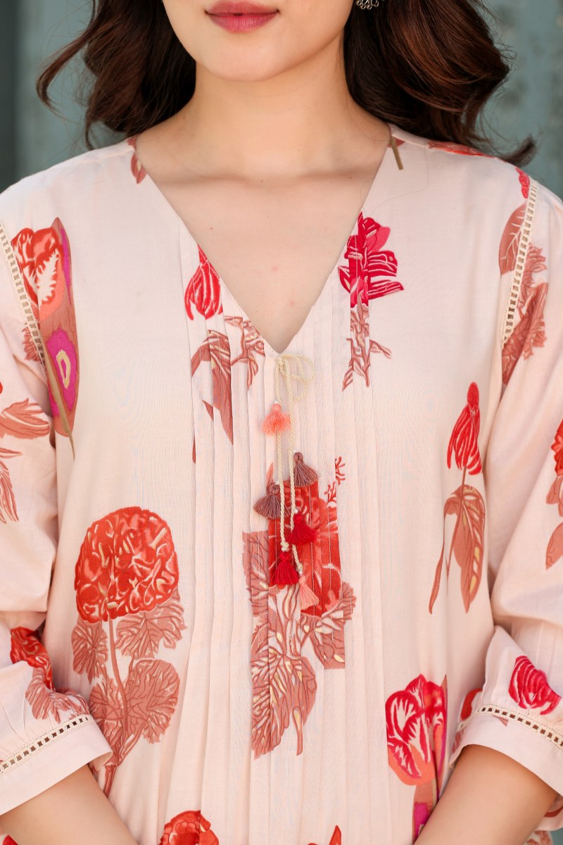 Peach Floral Printed Cotton Kurta Set