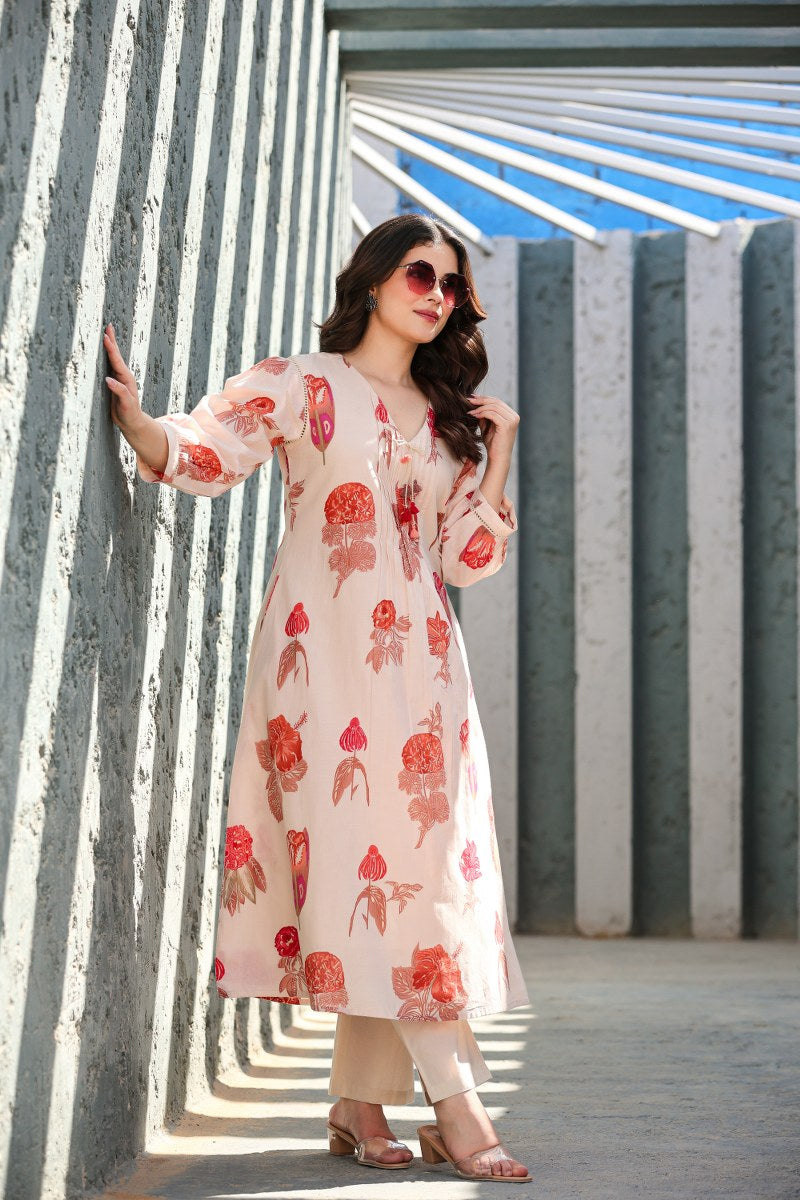 Peach Floral Printed Cotton Kurta Set