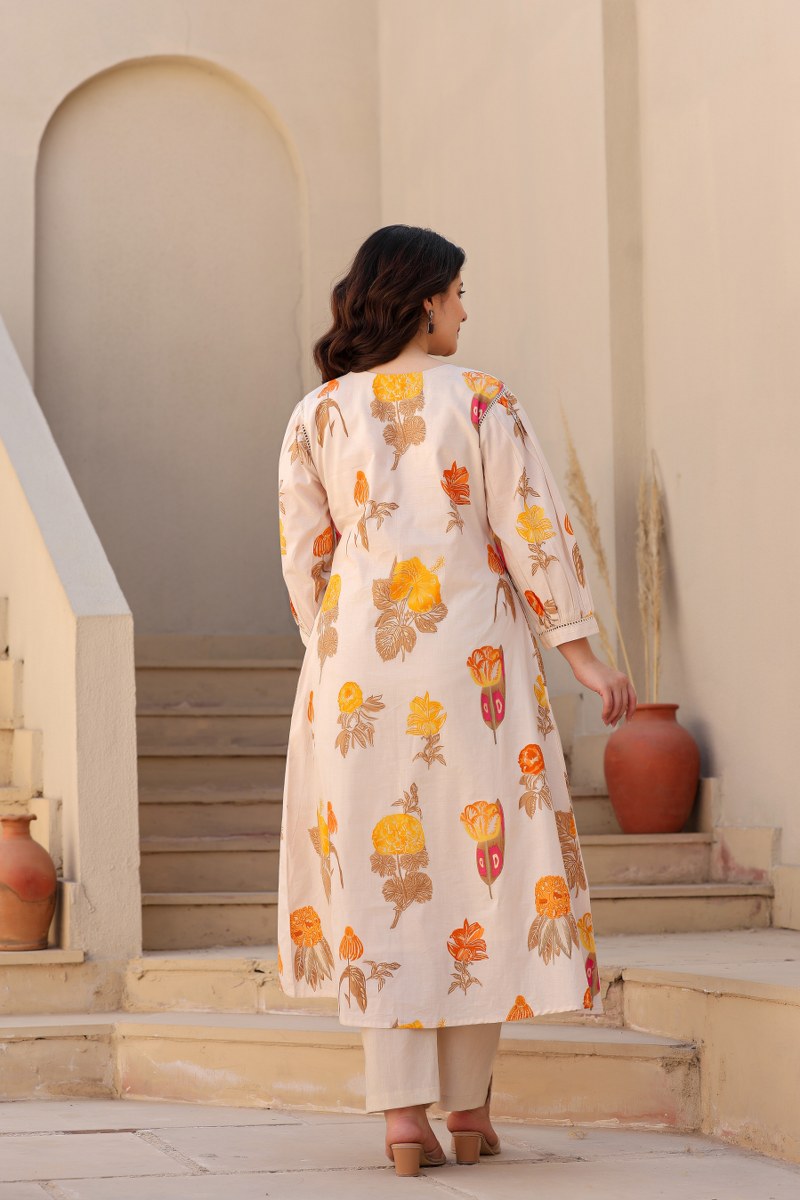 Floral Beige Printed Kurta with Straight Pants