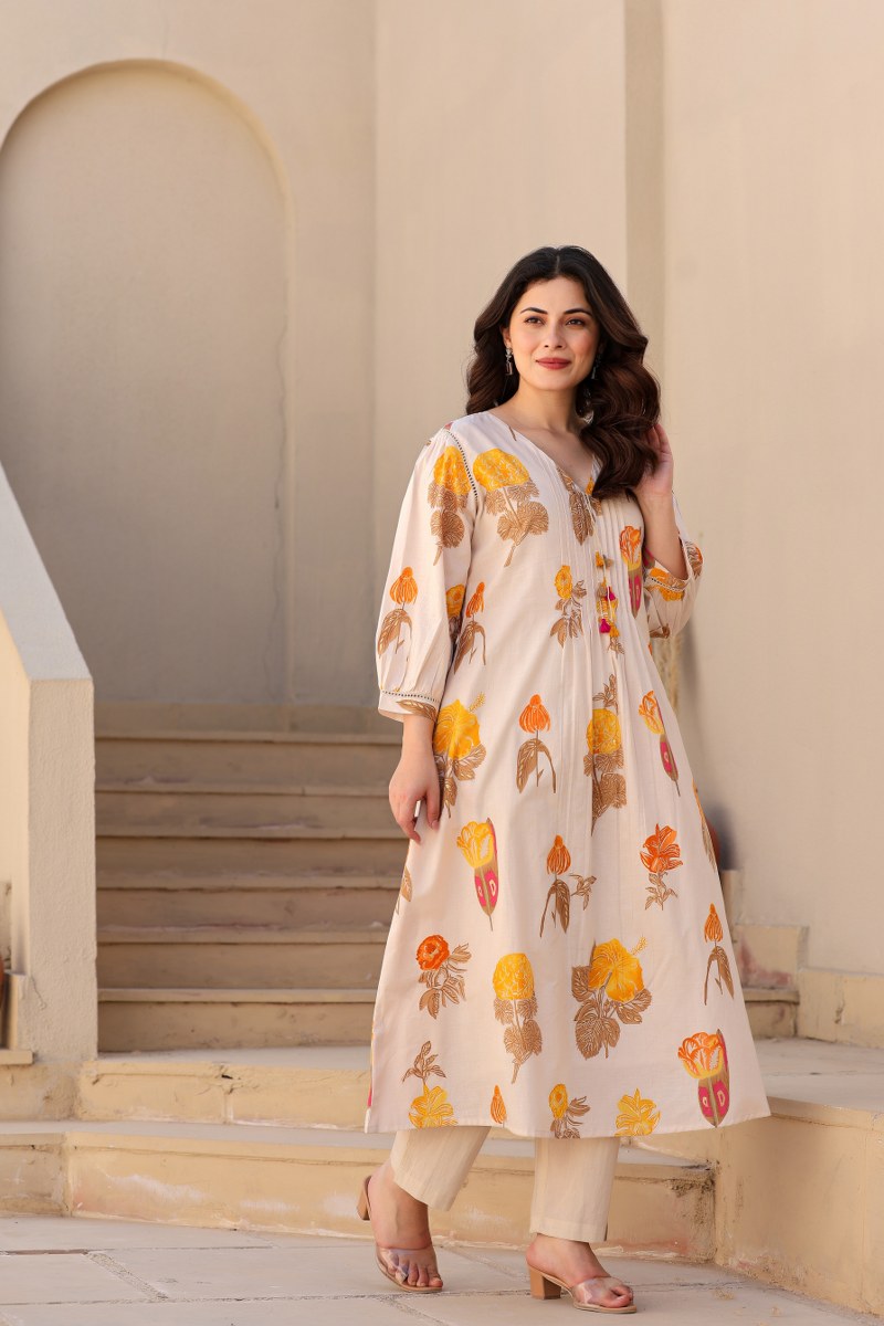 Floral Beige Printed Kurta with Straight Pants