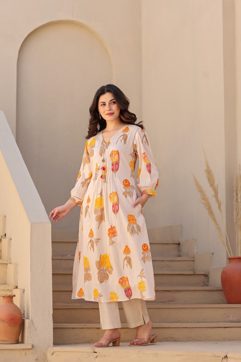 Floral Beige Printed Kurta with Straight Pants