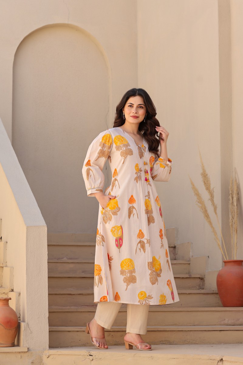 Floral Beige Printed Kurta with Straight Pants