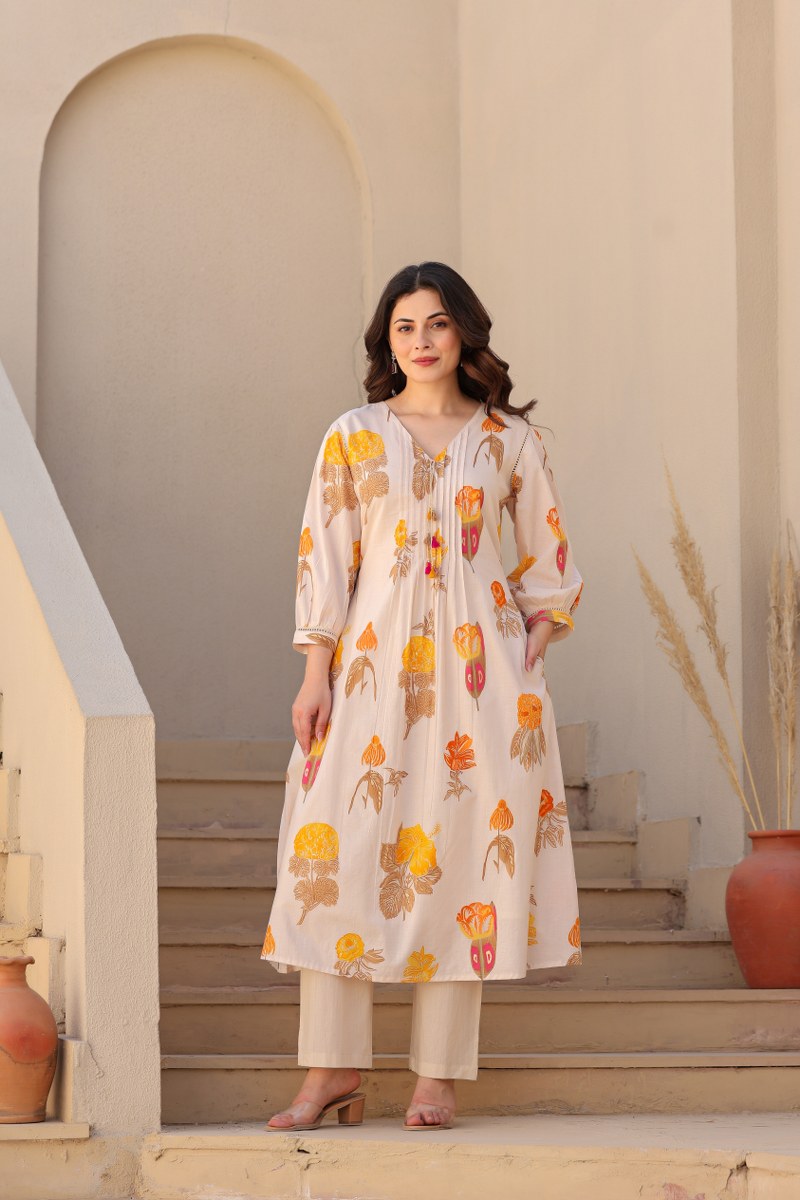 Floral Beige Printed Kurta with Straight Pants