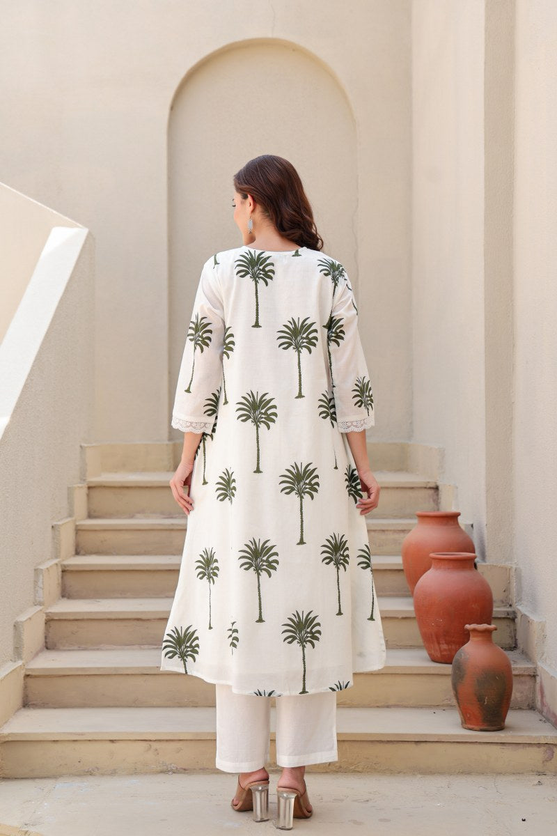 Ivory & Green Palm Tree Printed 2-Piece Cord Set