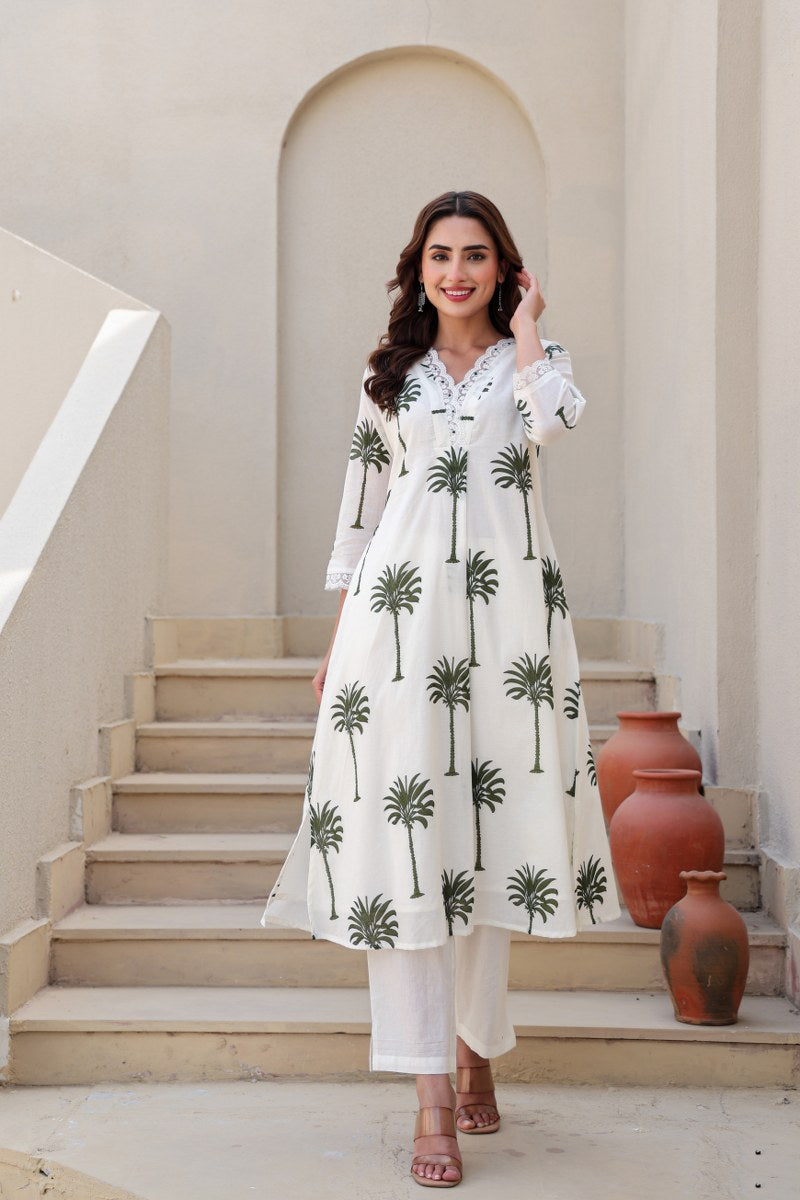 Ivory & Green Palm Tree Printed 2-Piece Cord Set