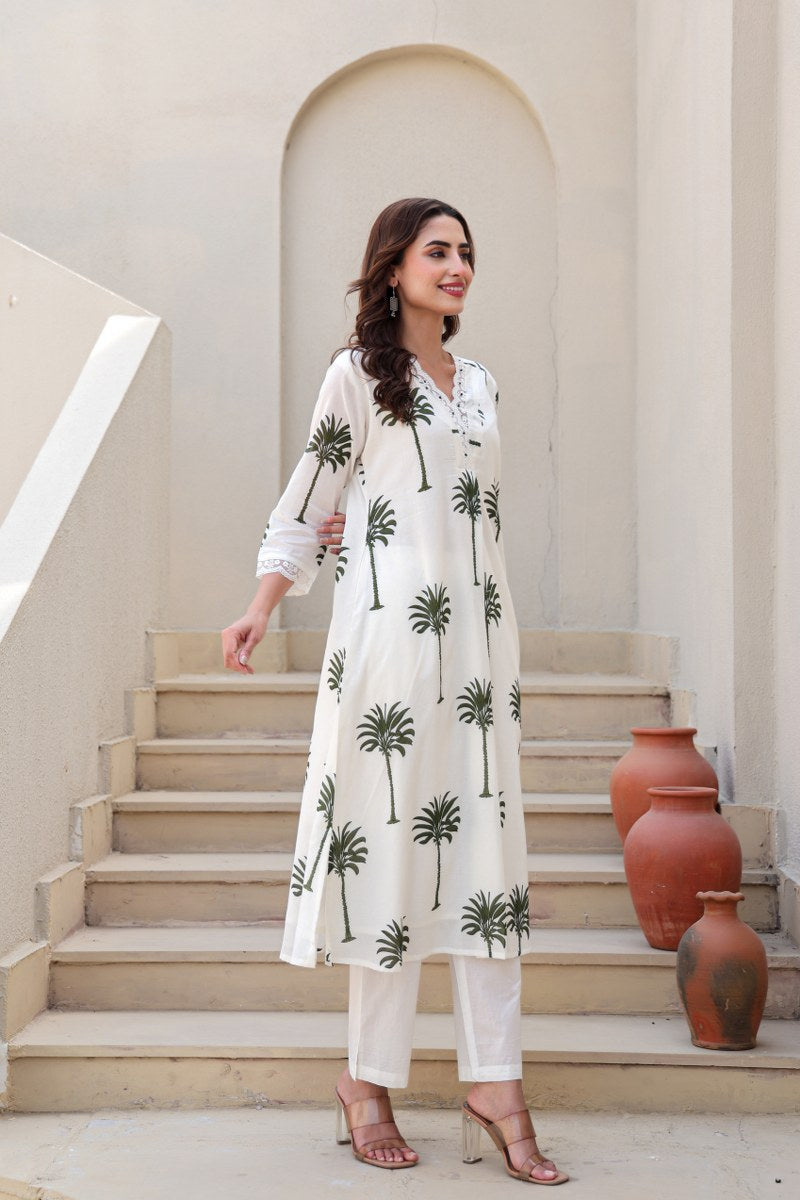 Ivory & Green Palm Tree Printed 2-Piece Cord Set