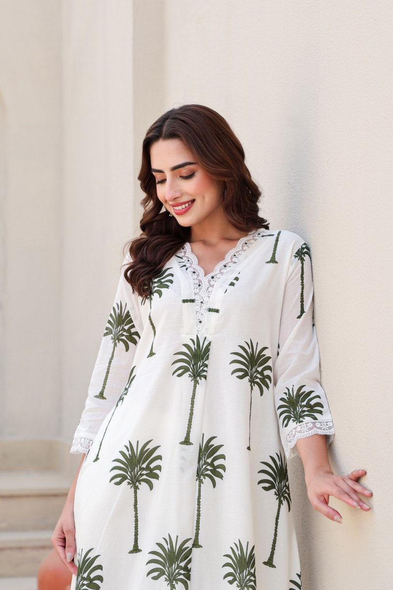 Ivory & Green Palm Tree Printed 2-Piece Cord Set