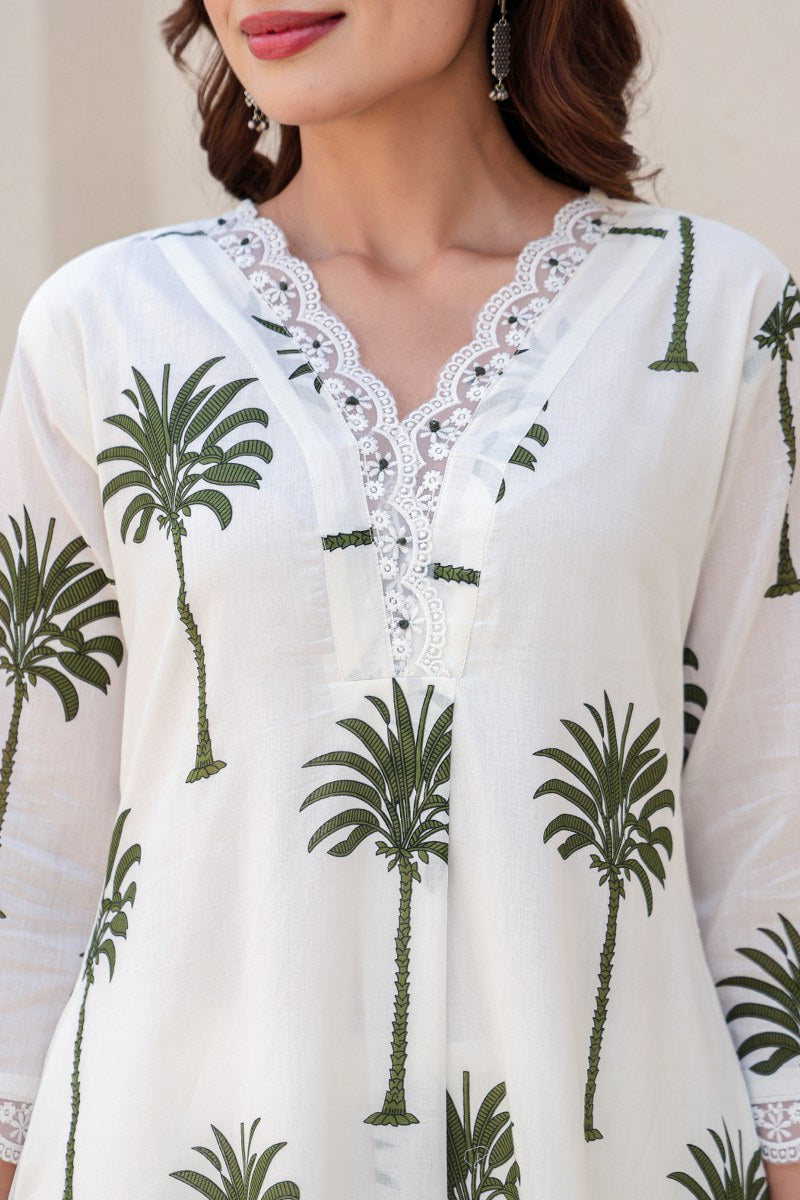 Ivory & Green Palm Tree Printed 2-Piece Cord Set