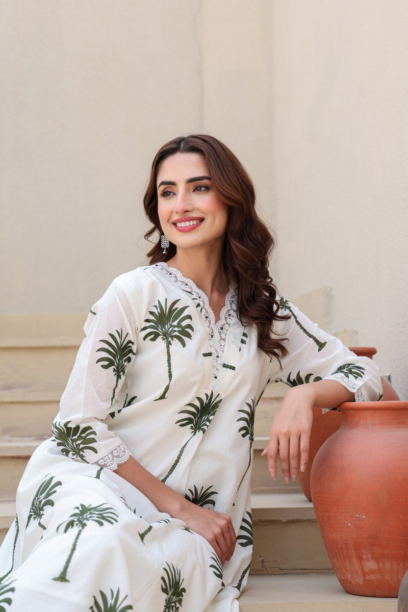 Ivory & Green Palm Tree Printed 2-Piece Cord Set