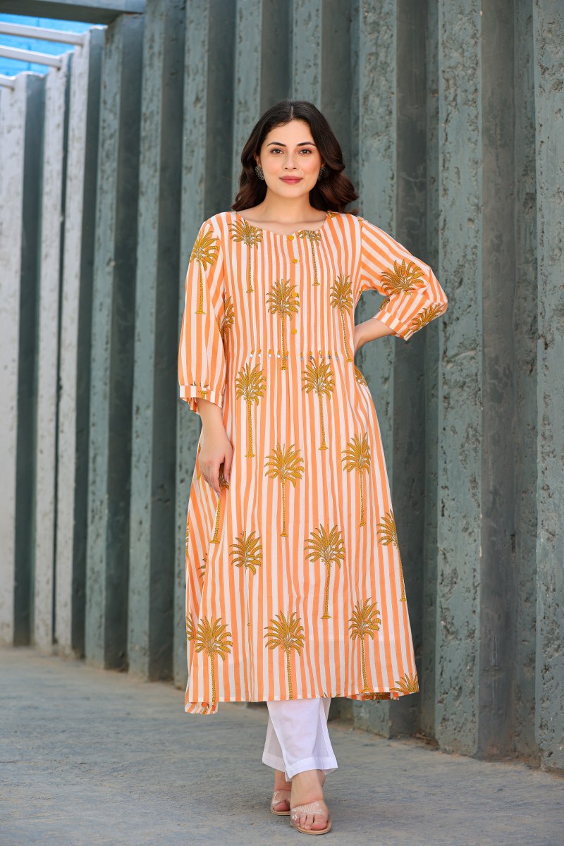 Orange & White Striped Printed 2-Piece Cord Set