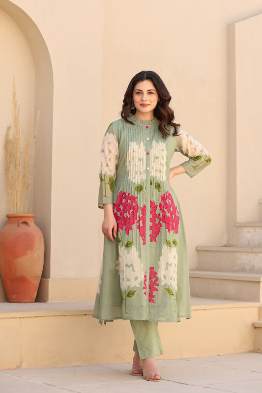 Sage Green Multicolor Floral Printed Cotton Cord Set for Women