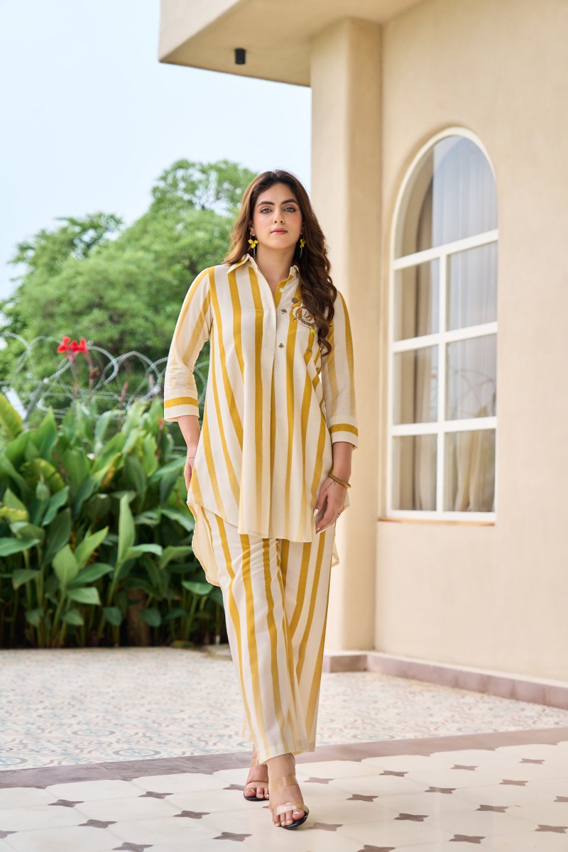 Yellow & White Striped Co-Ord Set for Women | Cotton Shirt Kurta with Pants