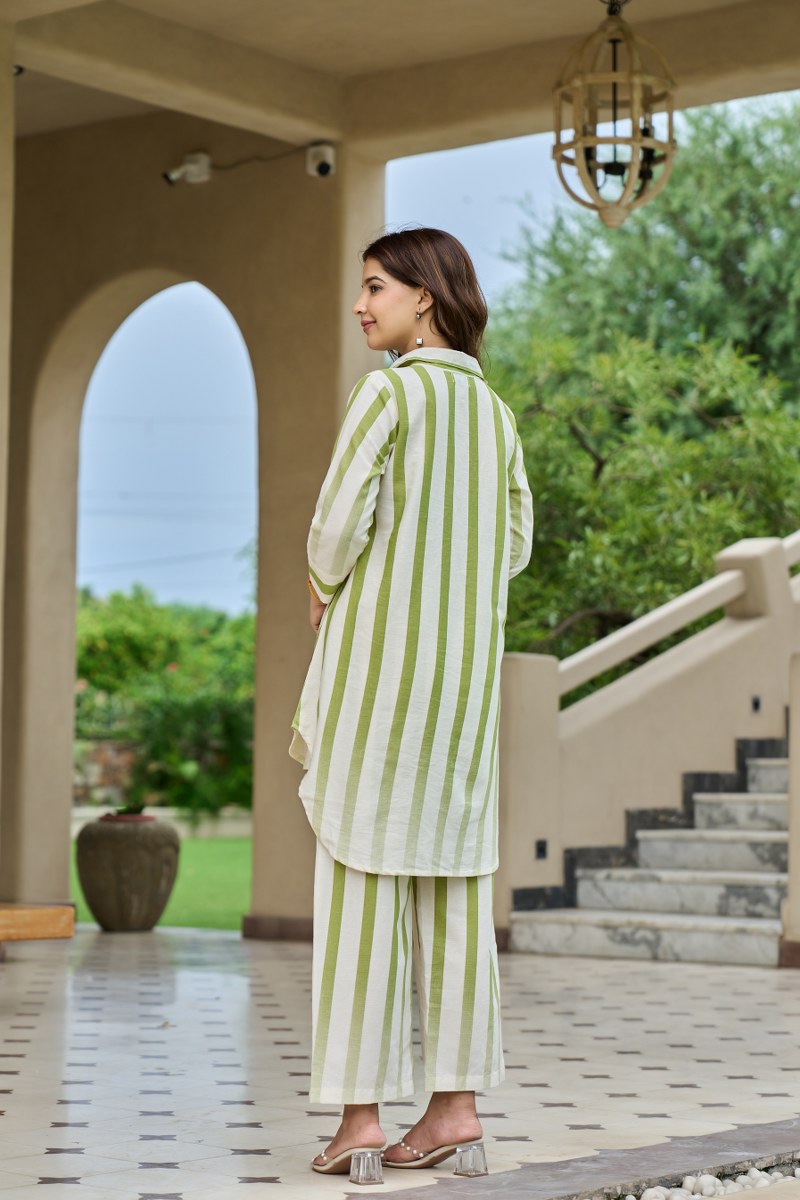 Green & White Striped Co-Ord Set for Women | Cotton Shirt Kurta with Pants
