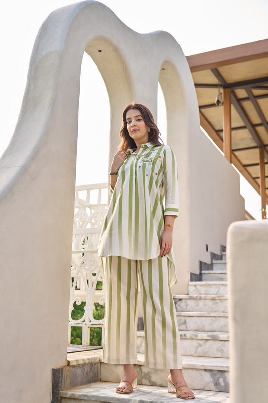 Green & White Striped Co-Ord Set for Women | Cotton Shirt Kurta with Pants
