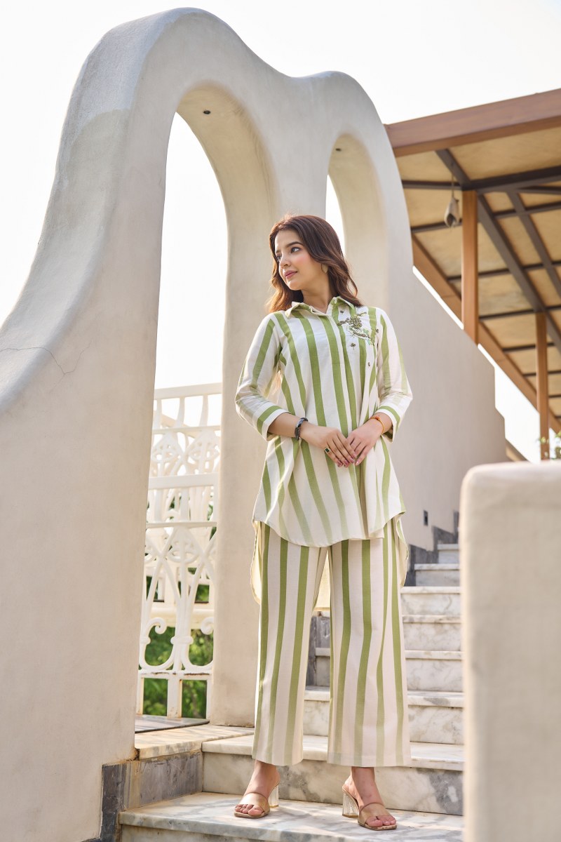 Green & White Striped Co-Ord Set for Women | Cotton Shirt Kurta with Pants