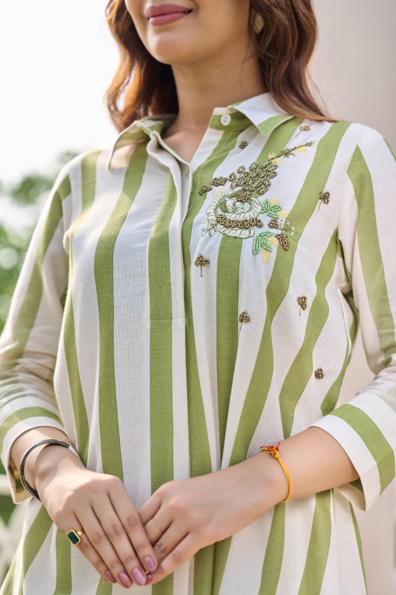 Green & White Striped Co-Ord Set for Women | Cotton Shirt Kurta with Pants